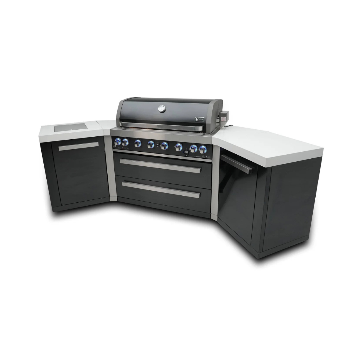 Angled front view of the Mont Alpi 805 Black Stainless Steel Island showcasing LED-lit control knobs, spacious countertop, and corner cabinet design.