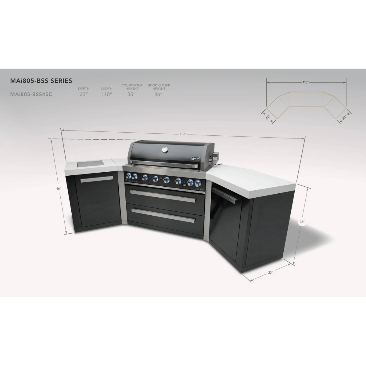 Dimension diagram of the Mont Alpi 805 Black Stainless Steel Island with 45-degree corners, showing overall width, depth, and height measurements.
