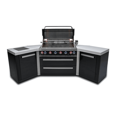 Front view of the Mont Alpi 805 Black Stainless Steel Island with 45-degree corner cabinets, open grill hood, rotisserie system, and storage drawers.