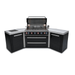 Front view of the Mont Alpi 805 Black Stainless Steel Island with 45-degree corner cabinets, open grill hood, rotisserie system, and storage drawers.