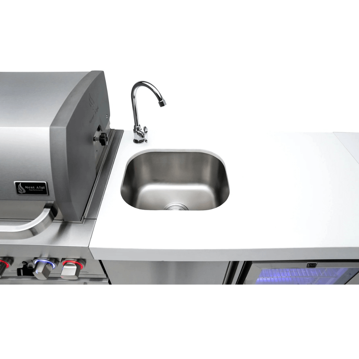 Integrated stainless steel sink and faucet built into the Mont Alpi 805 Black Stainless Steel Island countertop for convenient outdoor food preparation.