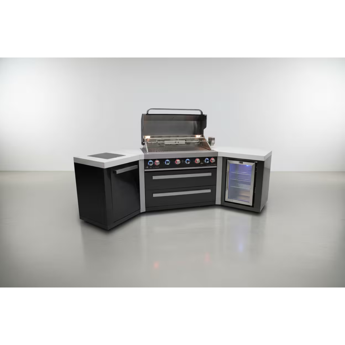 Wide-angle view of the Mont Alpi 805 Black Stainless Steel Island with the grill hood open, LED-lit controls, storage drawers, sink cabinet, and beverage fridge.