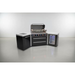 Wide-angle view of the Mont Alpi 805 Black Stainless Steel Island with the grill hood open, LED-lit controls, storage drawers, sink cabinet, and beverage fridge.