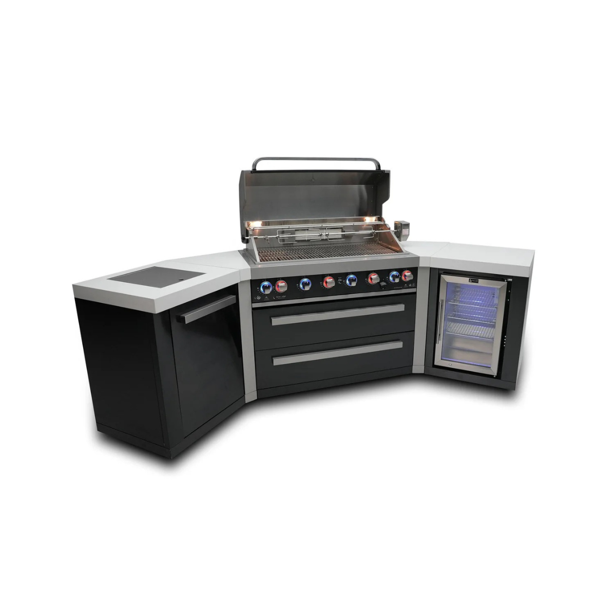 Front three-quarter view of the Mont Alpi 805 Black Stainless Steel Island displaying the open grill, stainless steel cooking area, and built-in fridge with interior lighting.
