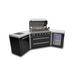 Front three-quarter view of the Mont Alpi 805 Black Stainless Steel Island displaying the open grill, stainless steel cooking area, and built-in fridge with interior lighting.