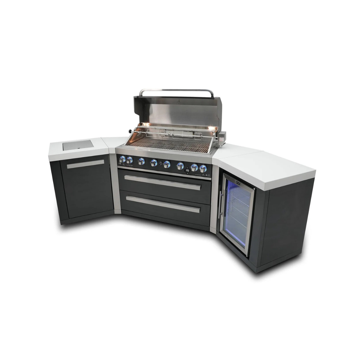 Elevated angled view of the Mont Alpi 805 Black Stainless Steel Island featuring the open grill, illuminated control panel, storage cabinets, and premium outdoor kitchen layout.