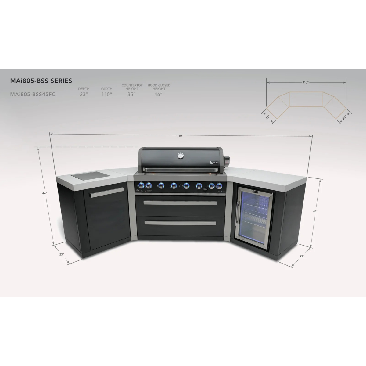 Dimension diagram of the Mont Alpi 805 Black Stainless Steel Island with 45-degree corner modules, integrated fridge cabinet, and overall measurements for outdoor kitchen planning.