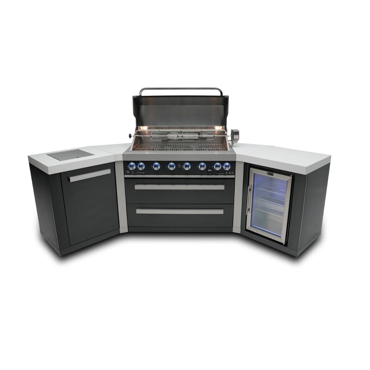 Open-lid view of the Mont Alpi 805 Black Stainless Steel Island showcasing the spacious grilling surface, rotisserie system, and illuminated control knobs.