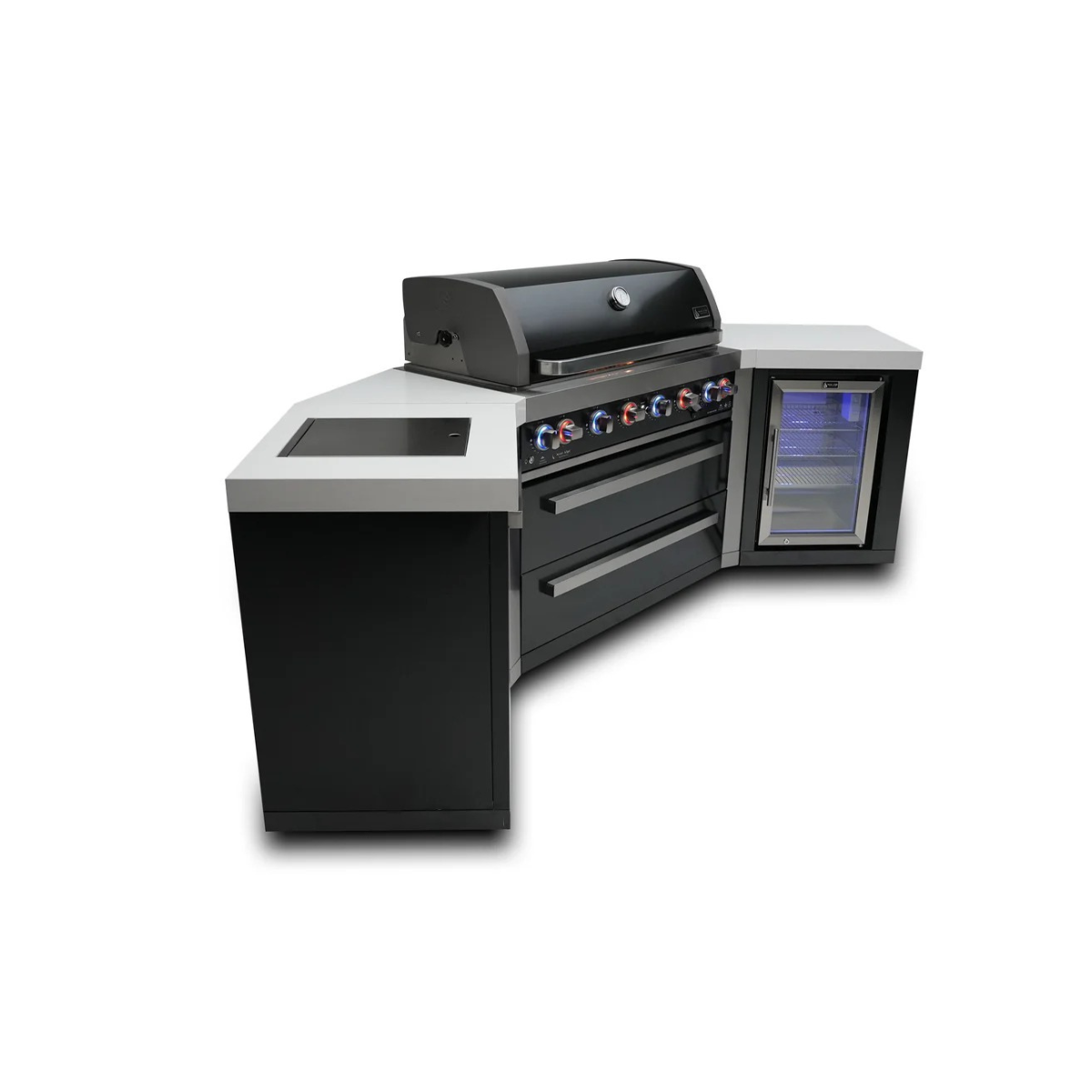 Angled side view of the Mont Alpi 805 Black Stainless Steel Island highlighting the 45-degree corner design, black stainless steel finish, and integrated fridge cabinet.