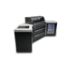 Angled side view of the Mont Alpi 805 Black Stainless Steel Island highlighting the 45-degree corner design, black stainless steel finish, and integrated fridge cabinet.