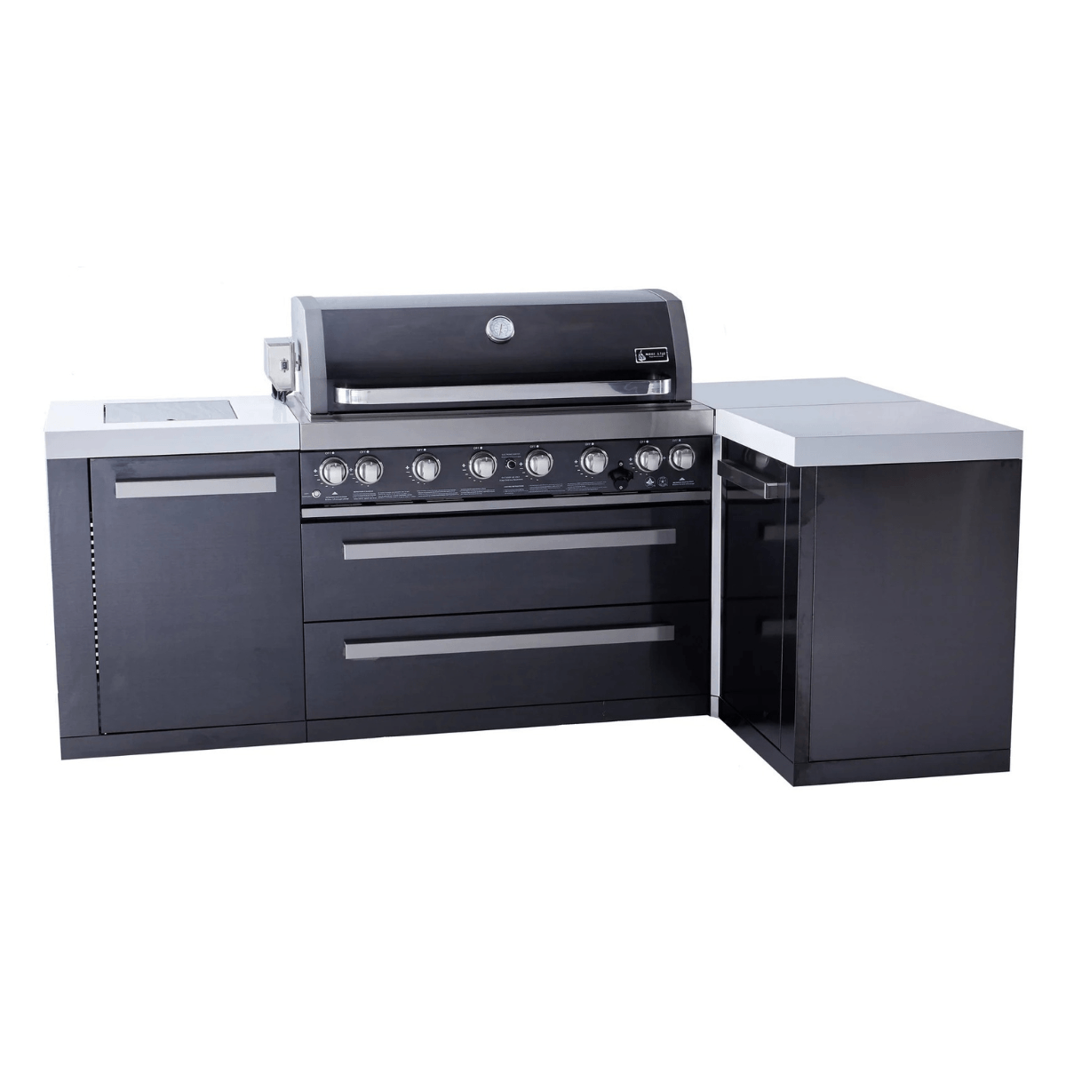 Front view of the Mont Alpi 805 Black Stainless Steel Island featuring a built-in grill, double storage drawers, side cabinet, and 90-degree corner configuration.