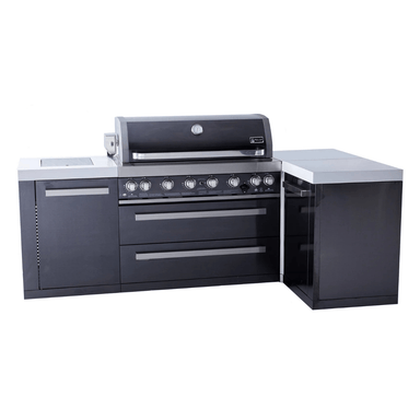 Front view of the Mont Alpi 805 Black Stainless Steel Island featuring a built-in grill, double storage drawers, side cabinet, and 90-degree corner configuration.