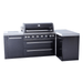 Front view of the Mont Alpi 805 Black Stainless Steel Island featuring a built-in grill, double storage drawers, side cabinet, and 90-degree corner configuration.