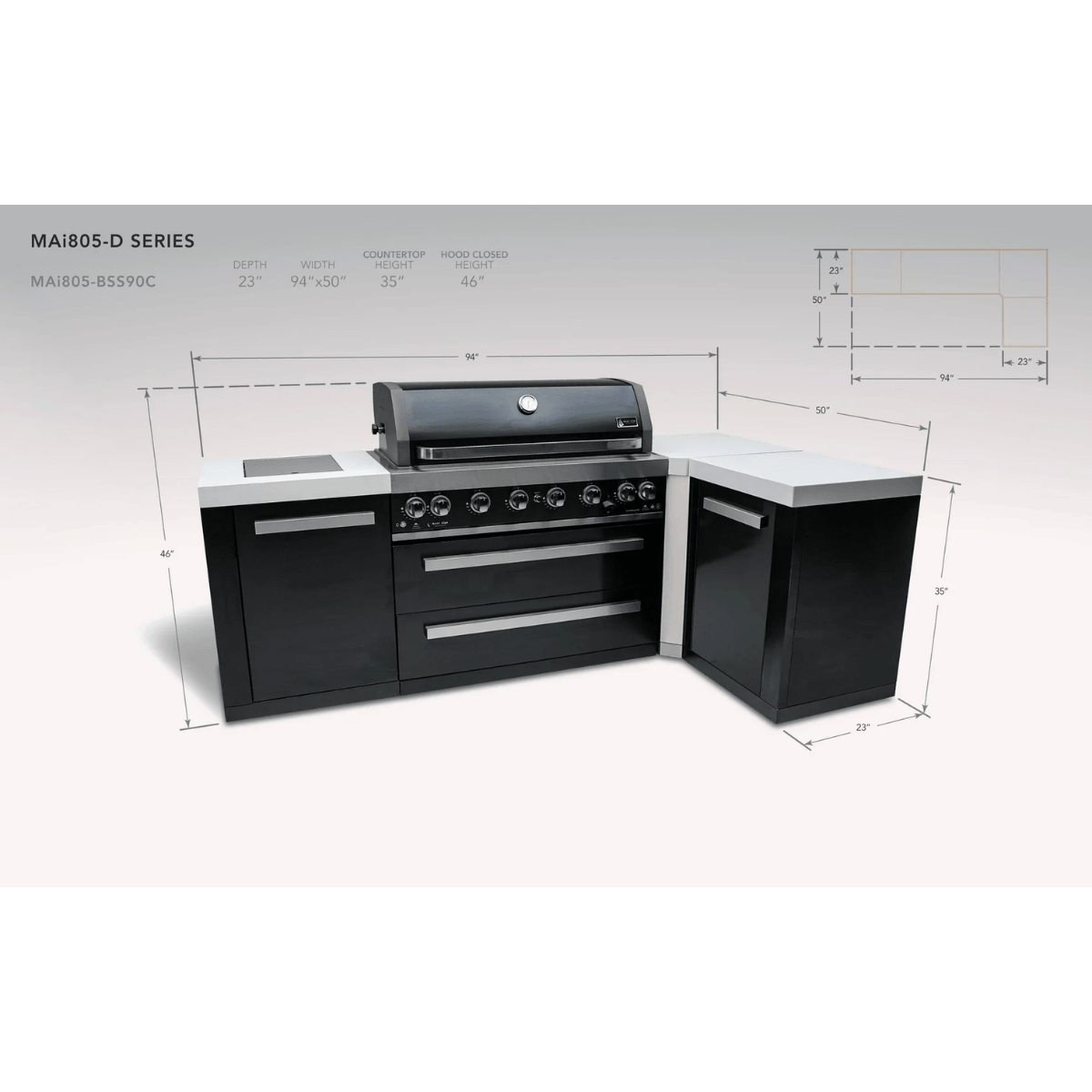 Dimension diagram of the Mont Alpi 805 Black Stainless Steel Island with a 90-degree corner, displaying overall width, depth, height, and layout measurements.