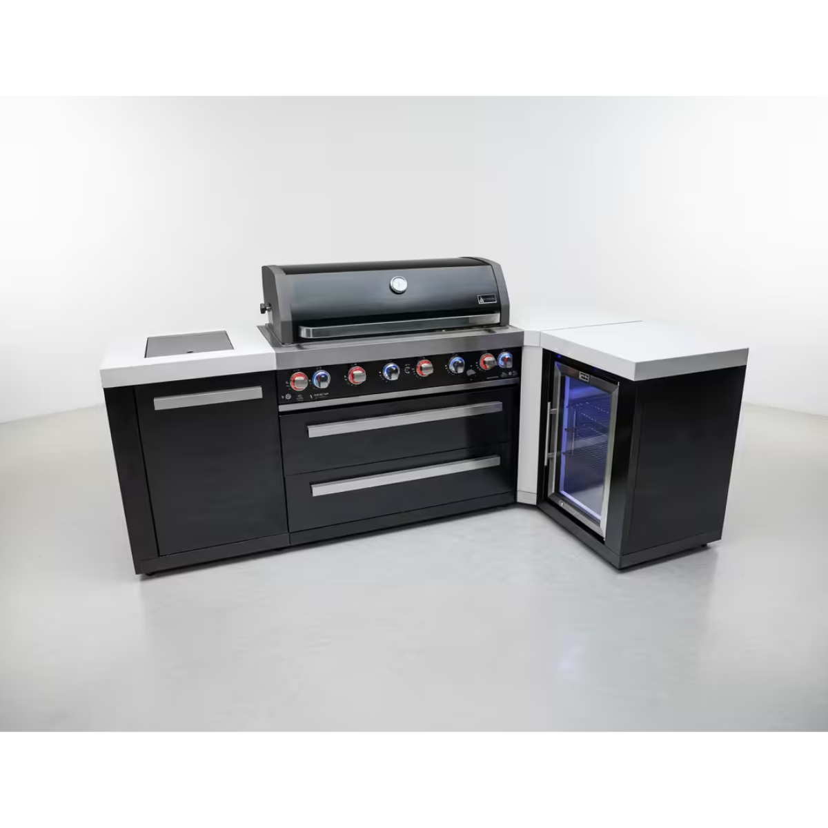 Angled front view of the Mont Alpi 805 Black Stainless Steel Island with a 90-degree corner, featuring a black stainless steel grill, double drawers, side cabinet, and integrated outdoor fridge.