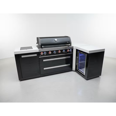 Angled front view of the Mont Alpi 805 Black Stainless Steel Island with a 90-degree corner, featuring a black stainless steel grill, double drawers, side cabinet, and integrated outdoor fridge.
