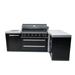 Front view of the Mont Alpi 805 Black Stainless Steel Island showcasing the closed grill hood, storage drawers, cabinet door, and glass-front fridge with blue interior lighting.