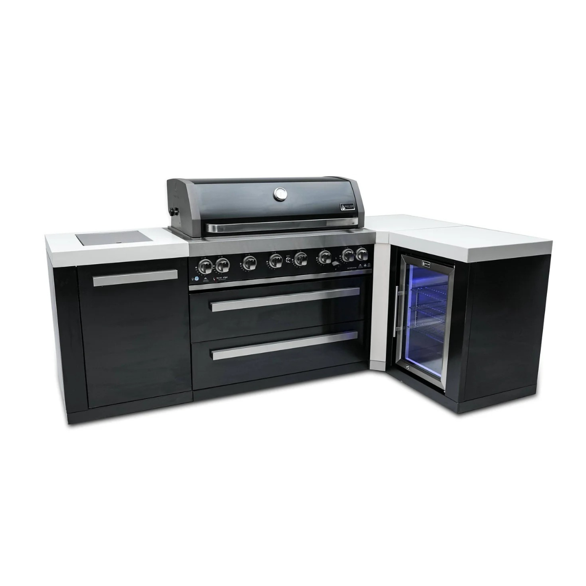 Three-quarter view of the Mont Alpi 805 Black Stainless Steel Island highlighting the black stainless steel finish, spacious countertop surfaces, and built-in fridge cabinet.