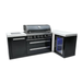 Three-quarter view of the Mont Alpi 805 Black Stainless Steel Island highlighting the black stainless steel finish, spacious countertop surfaces, and built-in fridge cabinet.