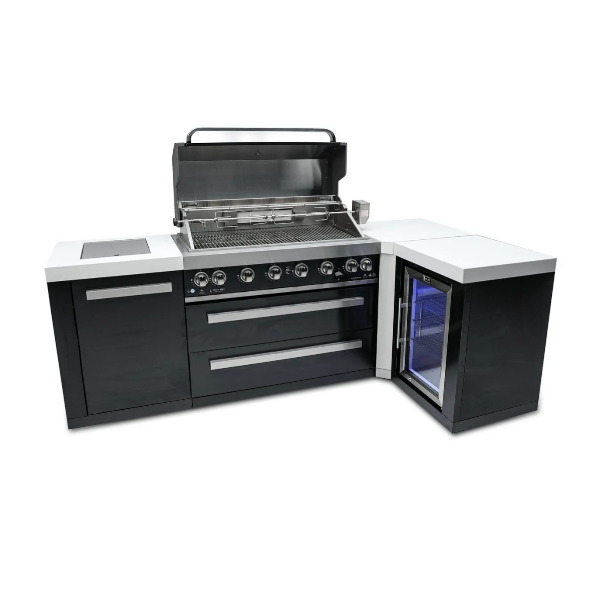 Front view of the Mont Alpi 805 Black Stainless Steel Island with the grill hood open, revealing cooking grates, rotisserie system, and integrated fridge with illuminated interior.