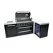 Front view of the Mont Alpi 805 Black Stainless Steel Island with the grill hood open, revealing cooking grates, rotisserie system, and integrated fridge with illuminated interior.