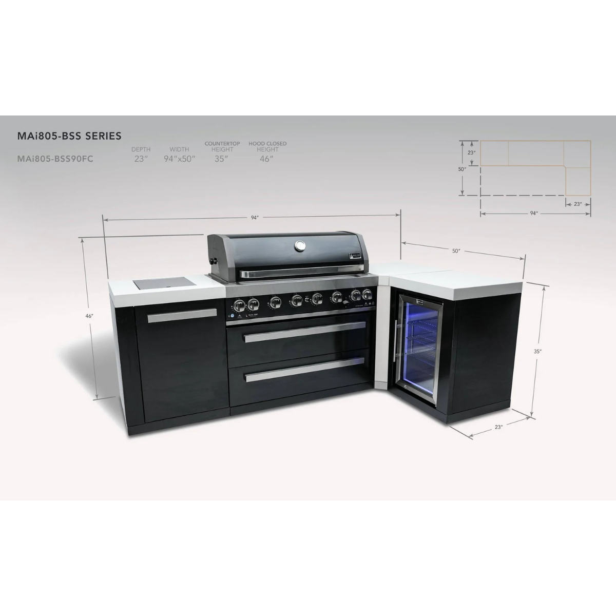 Dimension diagram of the Mont Alpi 805 Black Stainless Steel Island with a 90-degree corner and fridge cabinet, showing overall width, depth, height, and layout measurements.