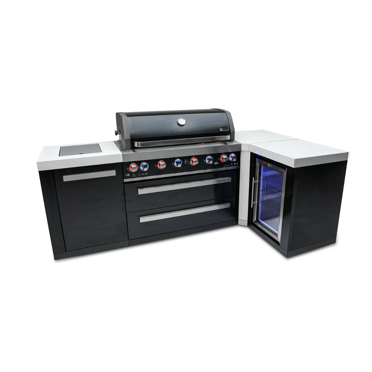 Angled view of the Mont Alpi 805 Black Stainless Steel Island featuring illuminated control knobs, black stainless steel cabinetry, and built-in outdoor fridge.