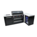 Angled view of the Mont Alpi 805 Black Stainless Steel Island featuring illuminated control knobs, black stainless steel cabinetry, and built-in outdoor fridge.