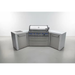 Front view of the Mont Alpi 805 Deluxe Island with 45-degree corners, featuring a stainless steel gas grill, double storage drawers, side cabinets, and illuminated control knobs.
