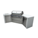 Angled front view of the Mont Alpi 805 Deluxe Island showcasing the grill hood closed, spacious countertop extensions, storage drawers, and side cabinet doors.