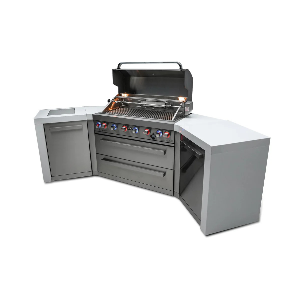 Three-quarter view of the Mont Alpi 805 Deluxe Island with the grill hood open, revealing the cooking grates, rotisserie system, and illuminated burner controls.