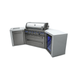 Three-quarter right-side view of the Mont Alpi 805 Deluxe Island featuring a closed gas grill, storage drawers, side cabinet, and outdoor fridge with blue interior lighting.