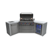 Front view of the Mont Alpi 805 Deluxe Island with the grill hood open, revealing the cooking surface, rotisserie system, storage drawers, and built-in outdoor refrigerator.