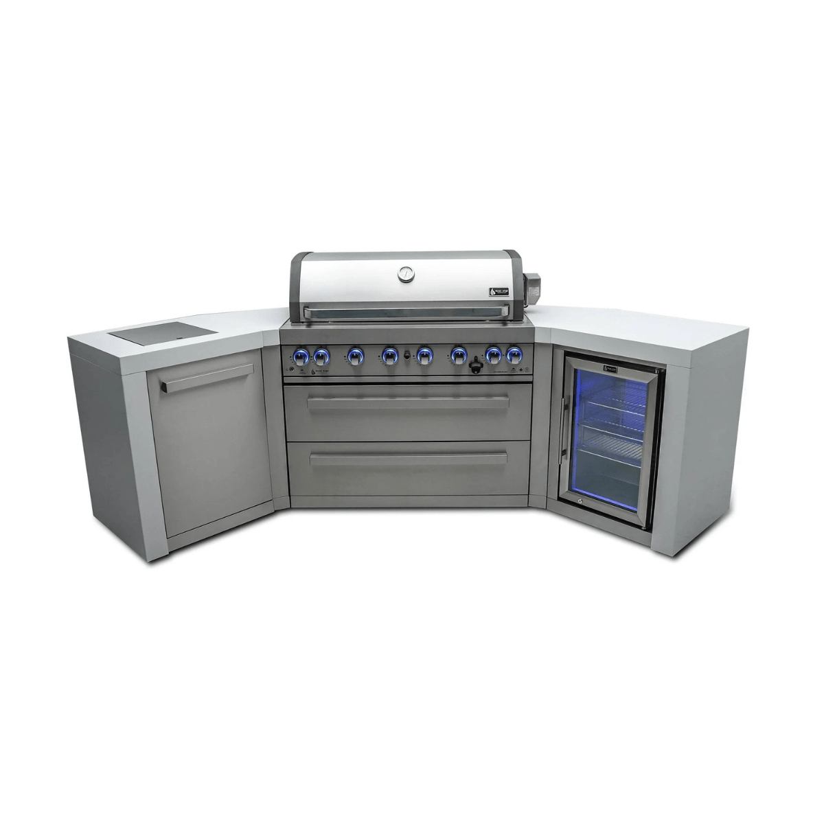 Front-facing view of the Mont Alpi 805 Deluxe Island showcasing a stainless steel grill, illuminated control knobs, double drawers, side storage cabinet, and glass-door fridge.