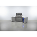 Front view of the Mont Alpi 805 Deluxe Island with 45-degree corners, featuring an open gas grill, double storage drawers, side cabinet, and integrated outdoor fridge with blue interior lighting.