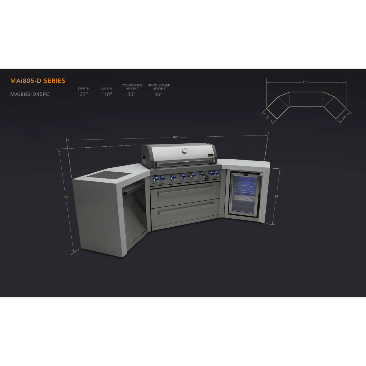 Dimension diagram of the Mont Alpi 805 Deluxe Island with 45-degree corners and fridge cabinet, showing overall width, depth, height, and angled countertop layout measurements.