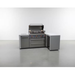 Front view of the Mont Alpi 805 Deluxe Island with 90-degree corner, featuring an open stainless steel grill, storage cabinet, dual drawers, and integrated corner storage unit.