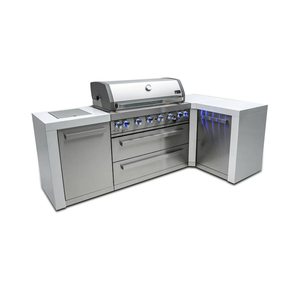 Angled view of the Mont Alpi 805 Deluxe Island with closed grill hood, illuminated control knobs, stainless steel cabinetry, and enclosed 90-degree corner section.