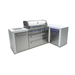 Angled view of the Mont Alpi 805 Deluxe Island with closed grill hood, illuminated control knobs, stainless steel cabinetry, and enclosed 90-degree corner section.