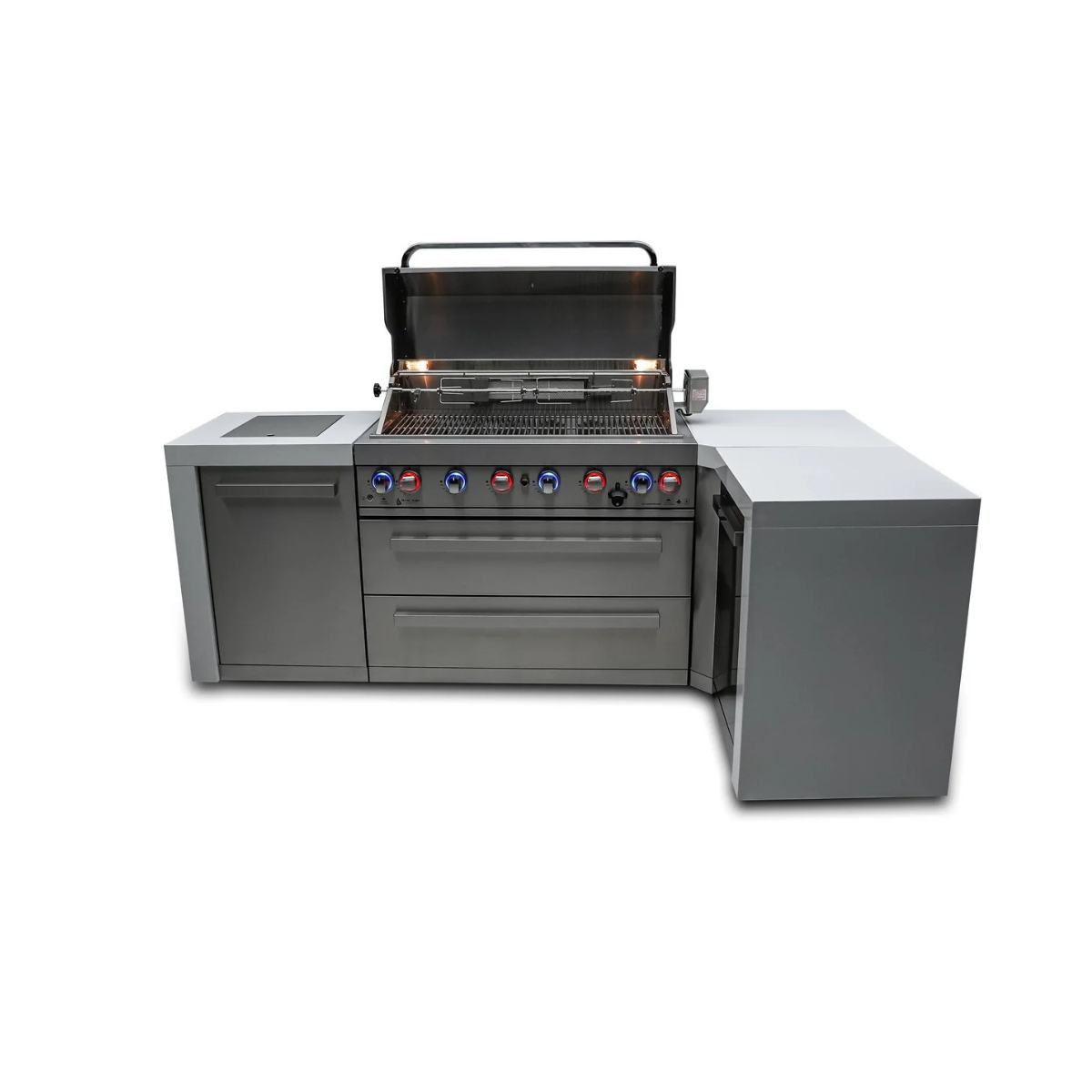 Front-facing view of the Mont Alpi 805 Deluxe Island showcasing the open grill with rotisserie system, spacious drawers, side cabinet, and corner storage module.