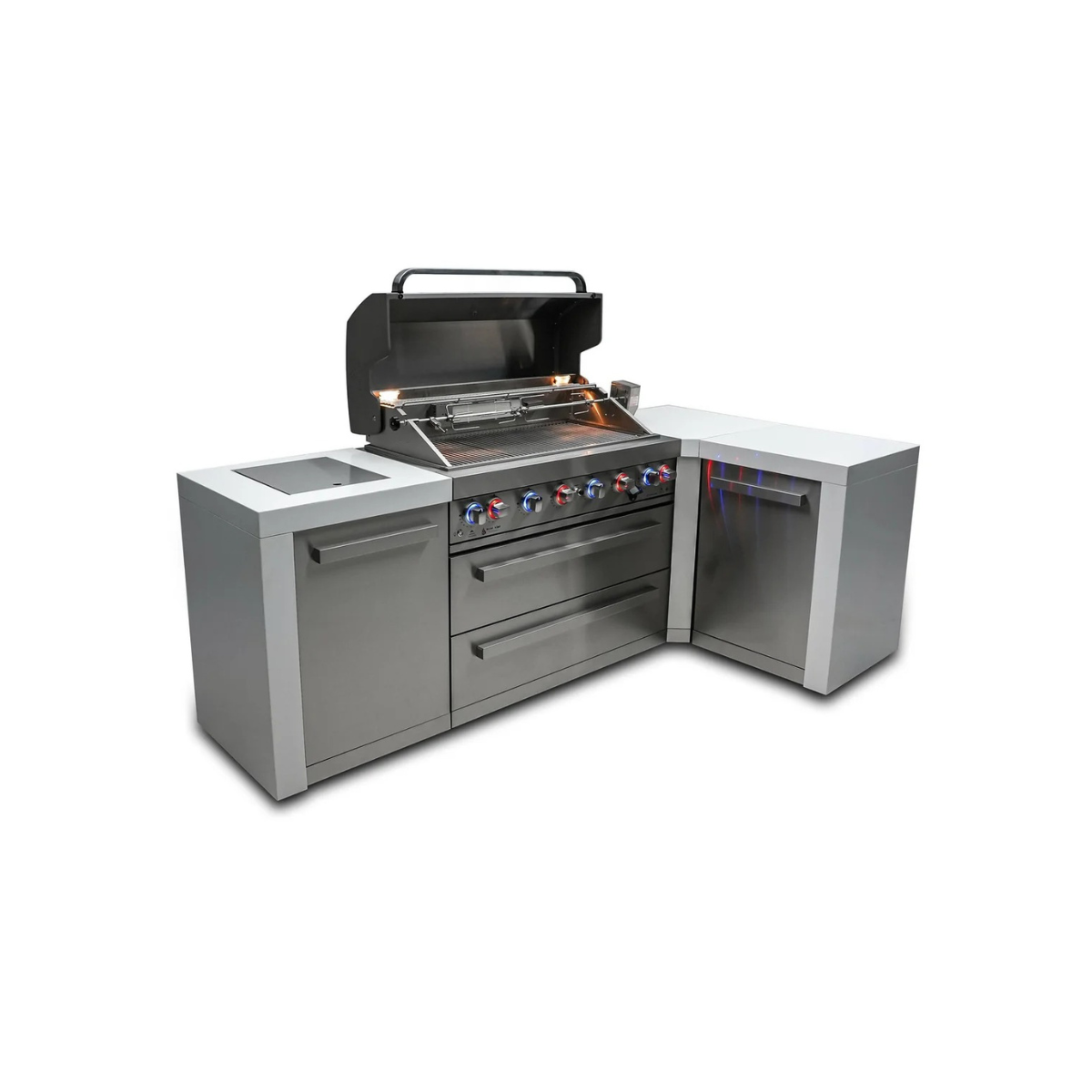 Three-quarter view of the Mont Alpi 805 Deluxe Island with open grill hood, illuminated cooking area, storage drawers, and stainless steel corner cabinet.