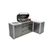 Three-quarter view of the Mont Alpi 805 Deluxe Island with open grill hood, illuminated cooking area, storage drawers, and stainless steel corner cabinet.