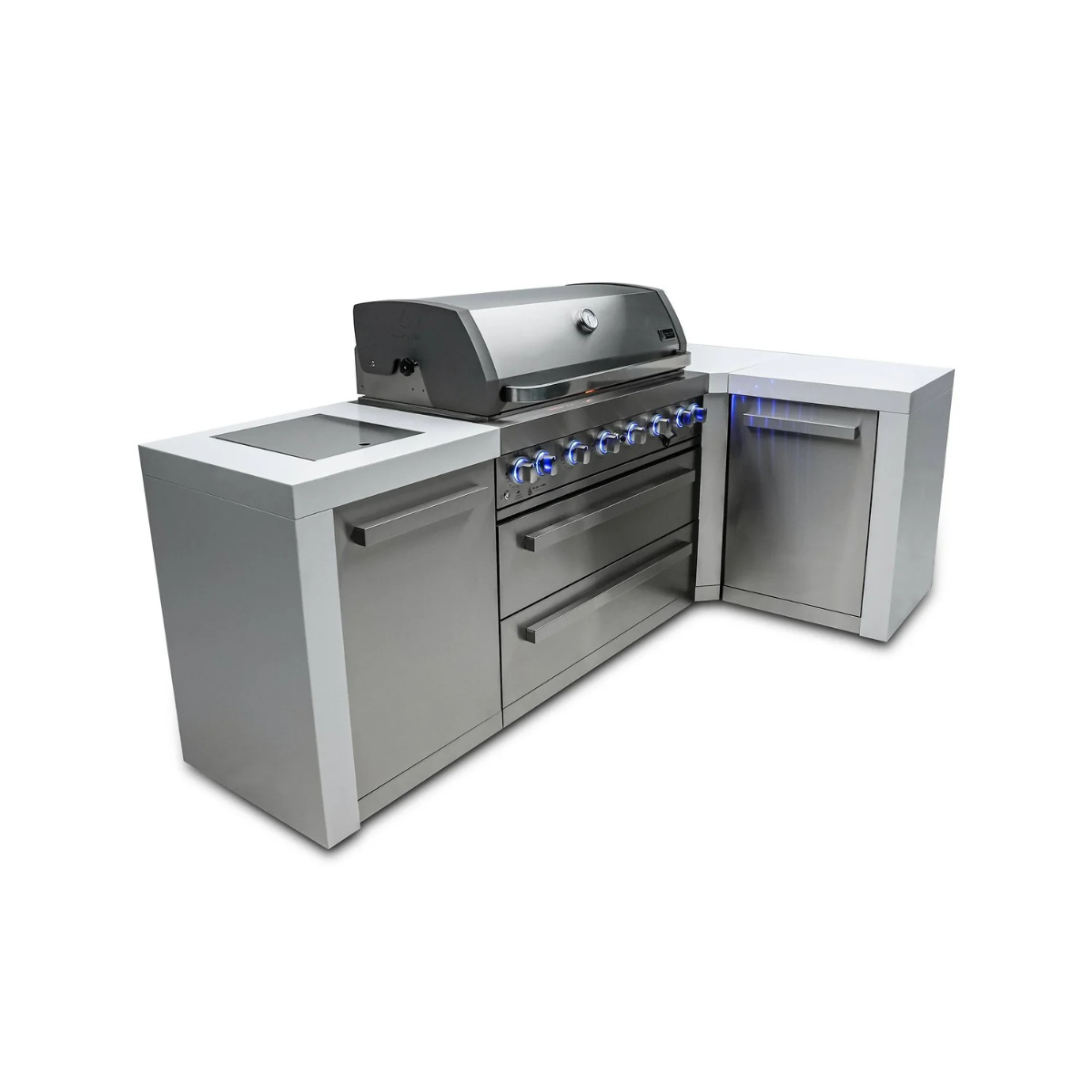 Front angled view of the Mont Alpi 805 Deluxe Island featuring a closed gas grill, blue LED-lit control knobs, side storage cabinet, and enclosed corner unit.