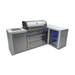 Front angled view of the Mont Alpi 805 Deluxe Island with 90-degree corner, featuring a stainless steel gas grill, storage cabinet, drawers, and built-in outdoor fridge with blue interior lighting.