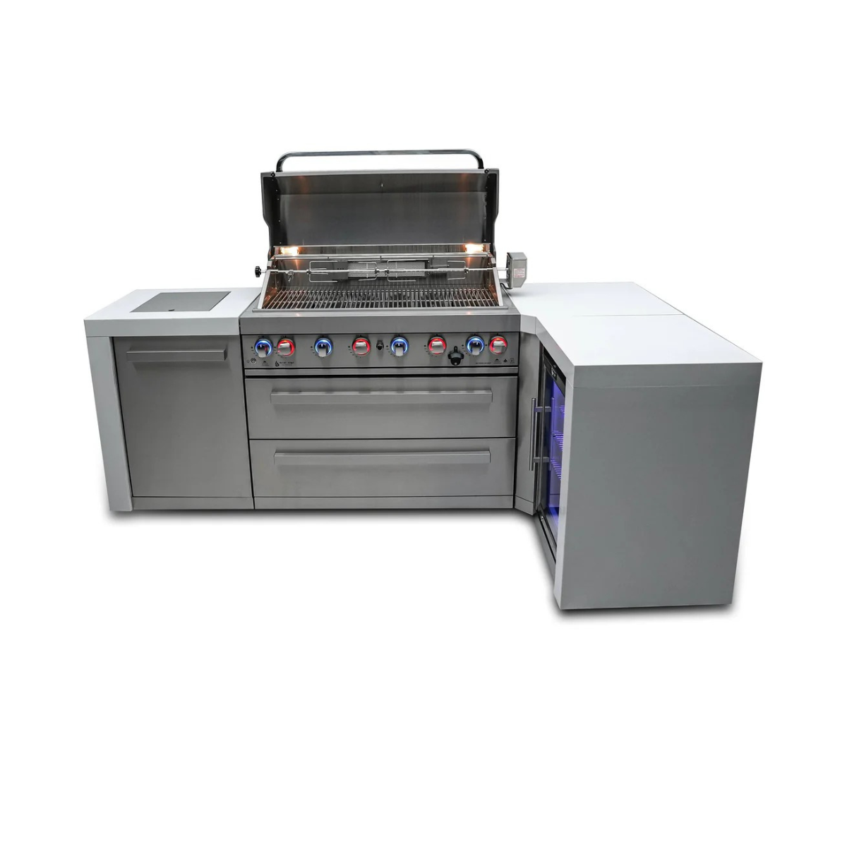 Front view of the Mont Alpi 805 Deluxe Island showcasing the open gas grill, stainless steel drawers, side storage cabinet, and built-in fridge with glass door.