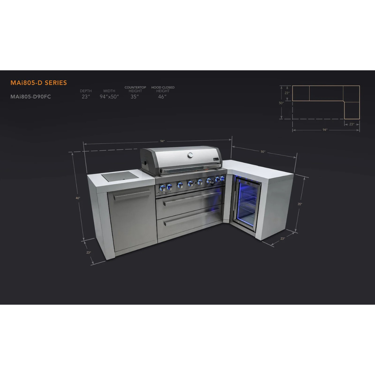 Dimension diagram of the Mont Alpi 805 Deluxe Island with 90-degree corner and fridge cabinet, displaying overall measurements, countertop height, depth, and layout footprint.