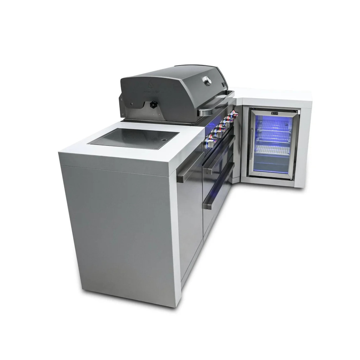 Rear angled view of the Mont Alpi 805 Deluxe Island highlighting the stainless steel grill housing, storage components, and built-in outdoor fridge.