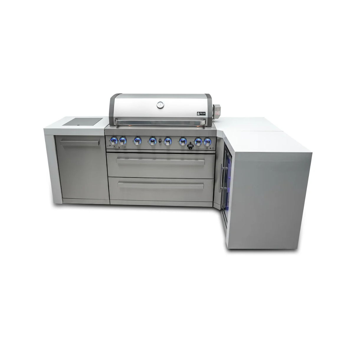 Front elevation view of the Mont Alpi 805 Deluxe Island featuring a closed gas grill, storage cabinet, drawers, and compact refrigerator with blue LED lighting.