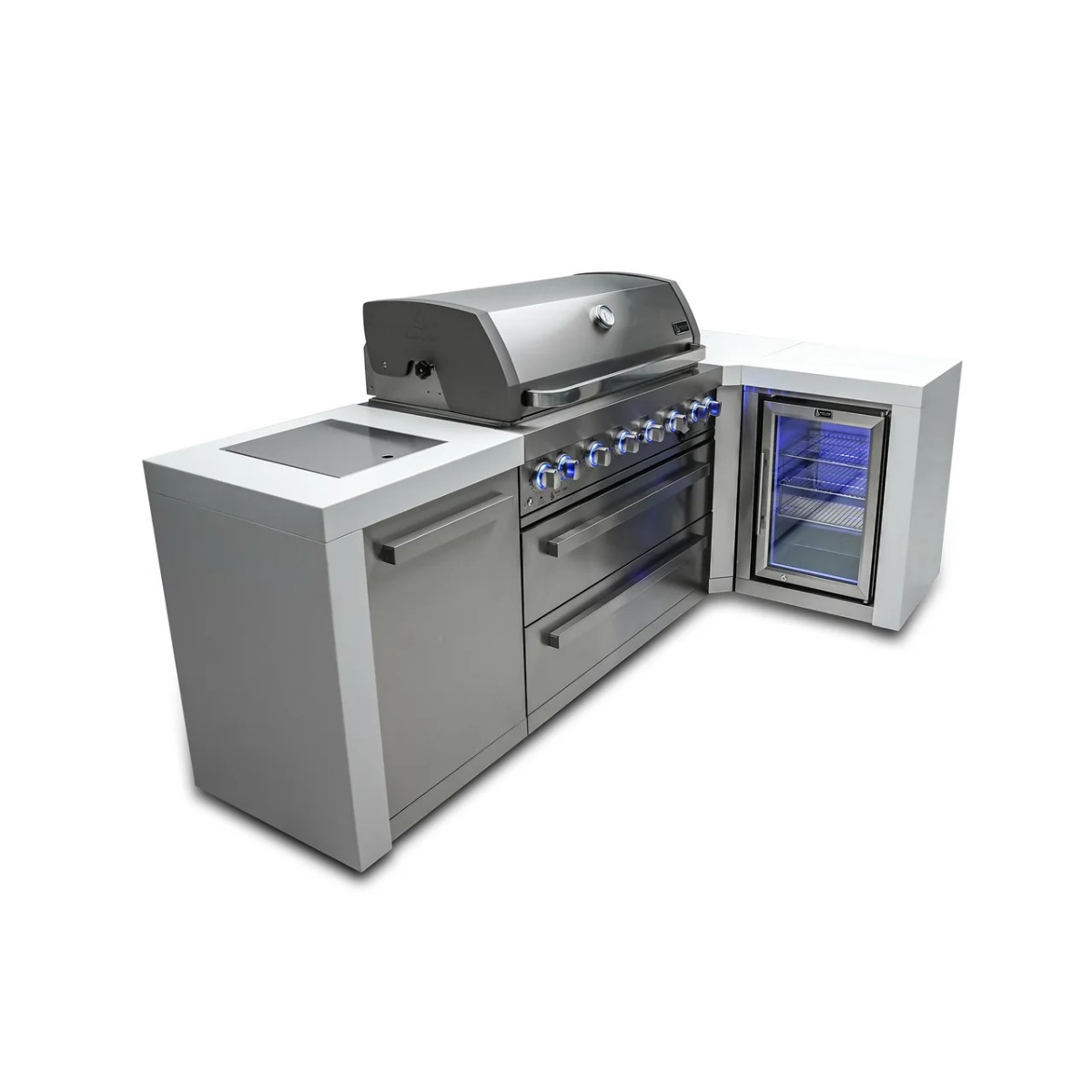 Front three-quarter view of the Mont Alpi 805 Deluxe Island with closed grill hood, illuminated control knobs, storage cabinetry, and integrated outdoor fridge.