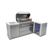 Angled view of the Mont Alpi 805 Deluxe Island with open grill hood, rotisserie system, illuminated cooking chamber, storage drawers, and built-in fridge cabinet.
